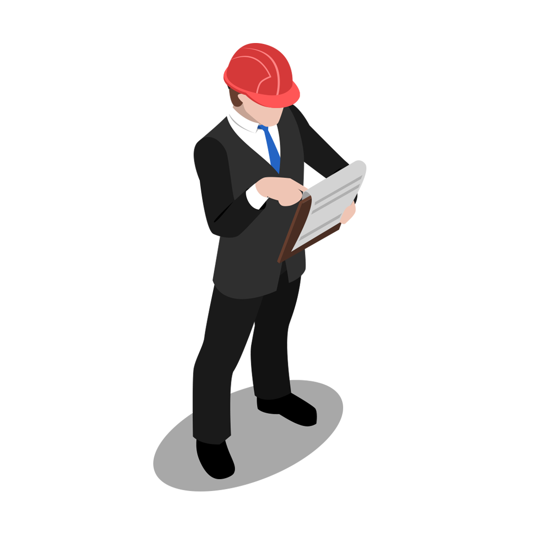 Person in a red hard hat and suit reviewing a clipboard on a white background