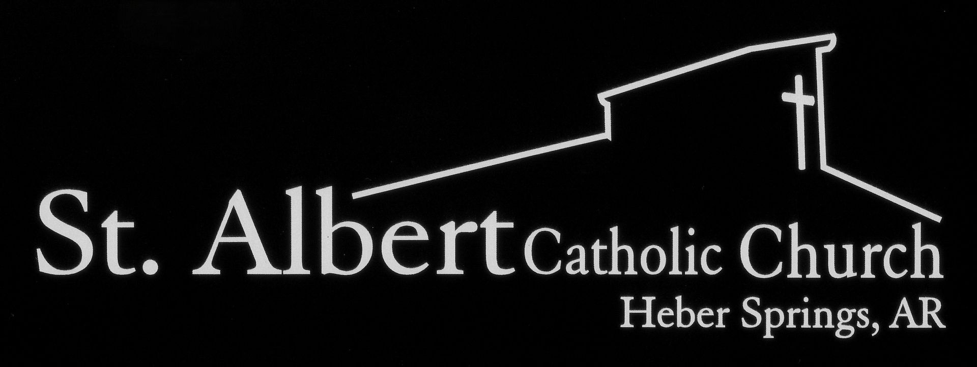 Logo for St. Albert Catholic Church in Heber Springs, AR, featuring a simple line-drawing of a building with a cross.