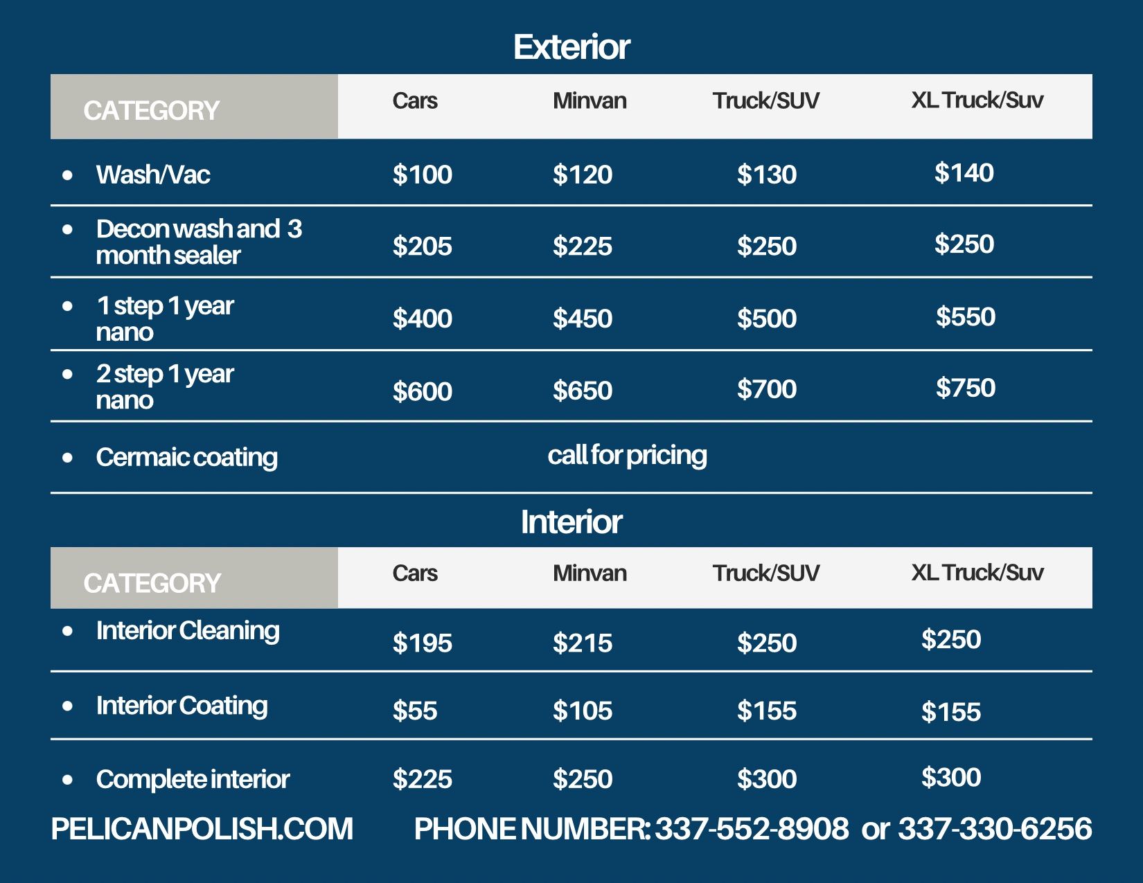 A pelican polish price list for cars and suvs