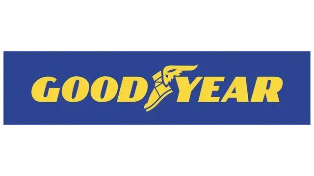 Logotipo de Goodyear en amarillo sobre un rectángulo azul con el icono del pie alado.