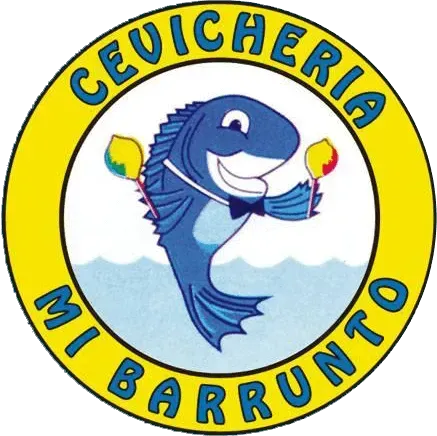 Logotipo de Cevichería Mi Barrunto con un tiburón azul sonriente sosteniendo maracas en un escudo circular amarillo.