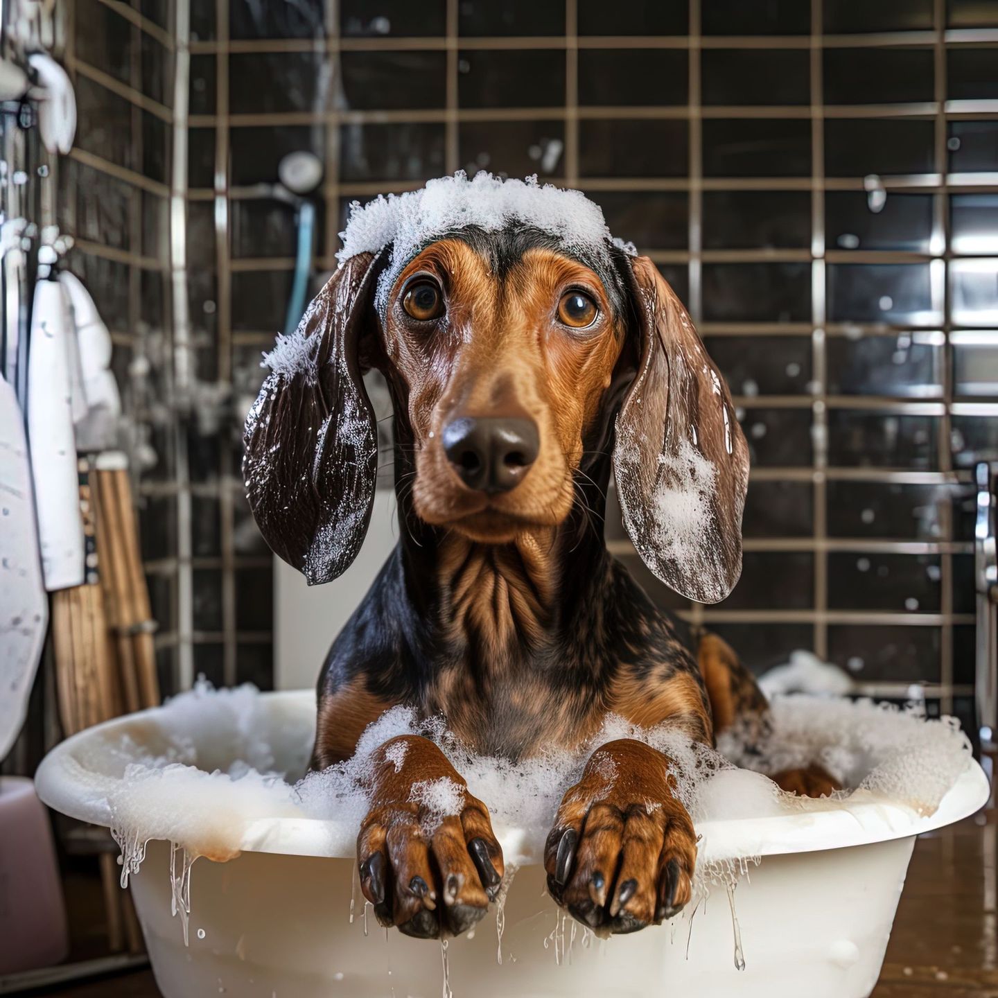 washing a dog's coat with gentle lather during a bath service.