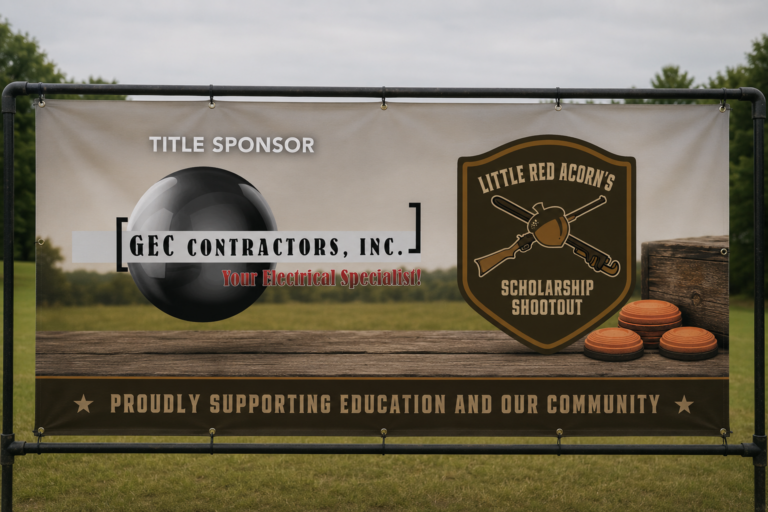 Sponsor banner for a school fundraiser with GE Contractors and Busted Red Arrow logos