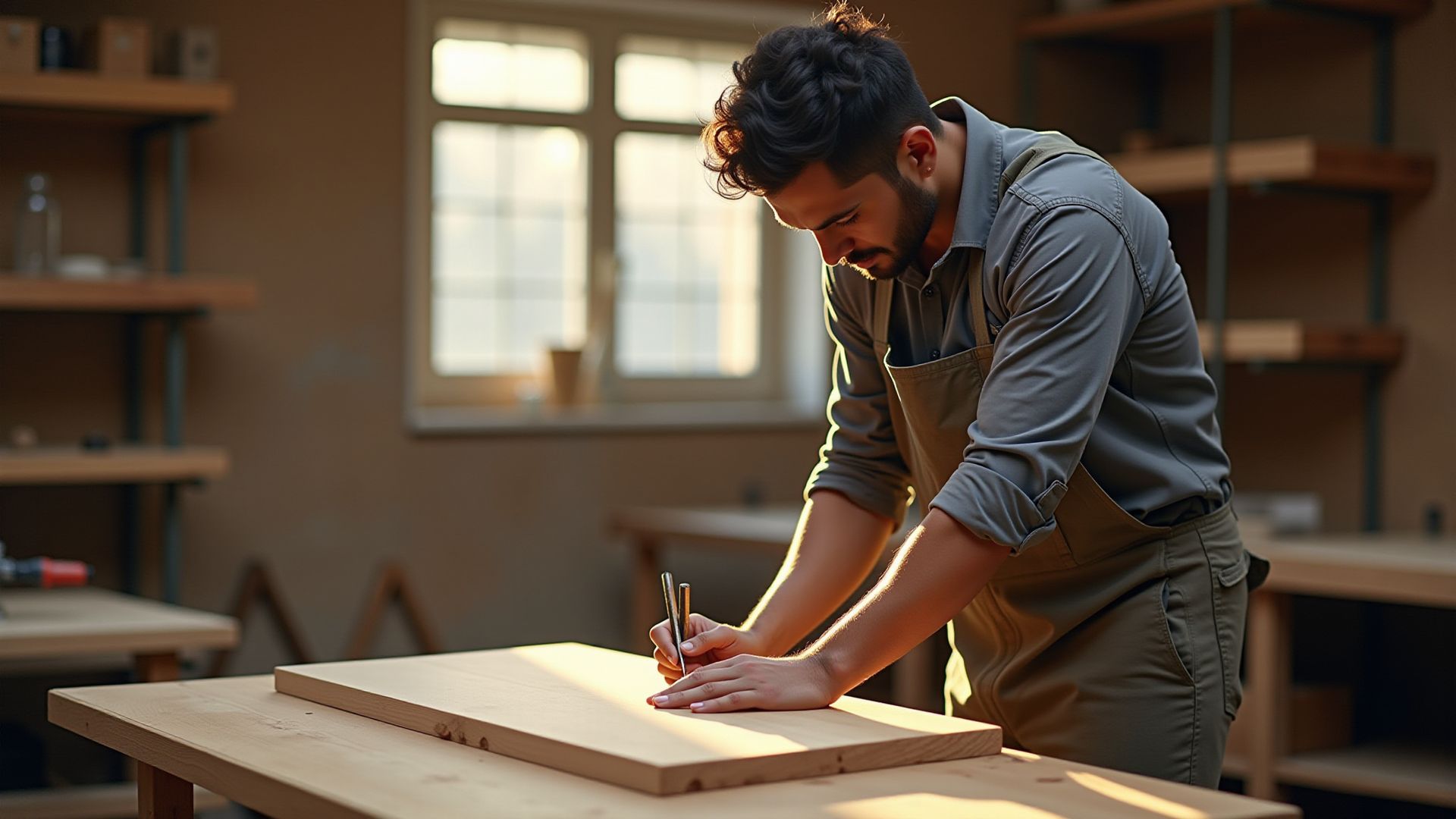 Little Red Acorn man in carpentry image with carpenter shop in background