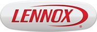 Lennox logo in red text and swoosh, set on a white oblong.