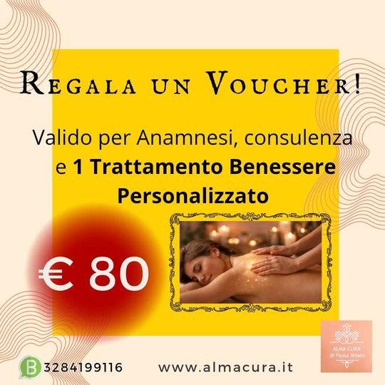 Validità 1 anno.
90 minuti di tempo per  un trattamento benessere personalizzato metodo Alma Cura (comprese anamnesi e consulenza)
