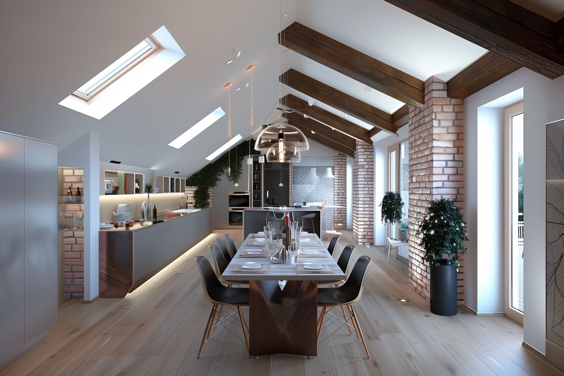 Une salle à manger mansardée spacieuse et moderne avec poutres apparentes, colonnes en briques, puits de lumière et une longue table à manger.
