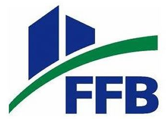 Logo avec des formes de bâtiments bleues, un arc vert et le texte bleu « FFB ».