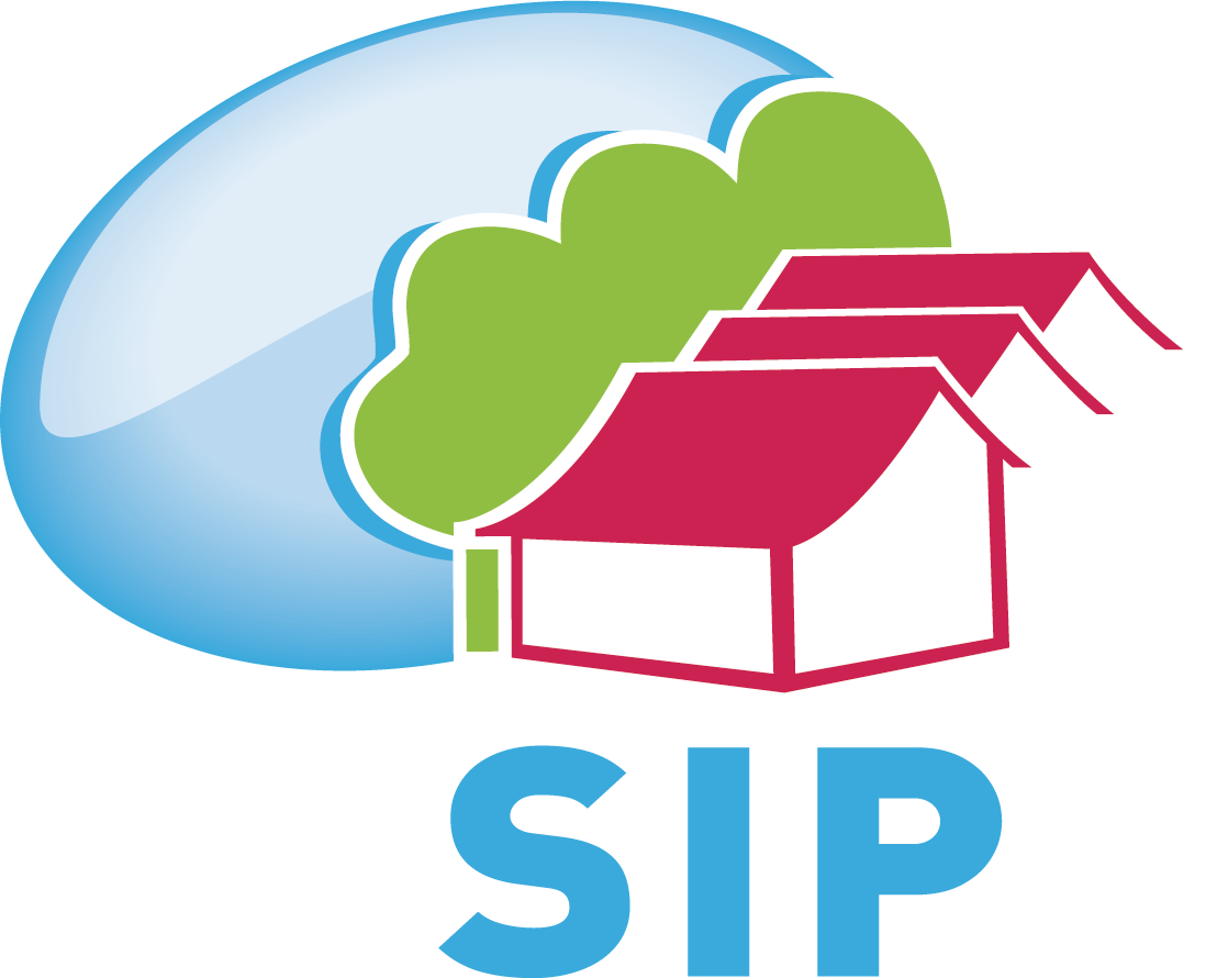 Nuage bleu, arbre vert, maisons aux toits rouges et texte « SIP ».