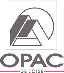 Logo de l'OPAC de l'Oise : Bâtiment abstrait gris à l'intérieur d'un carré, avec « OPAC DE L'OISE » en dessous en gris et rouge.