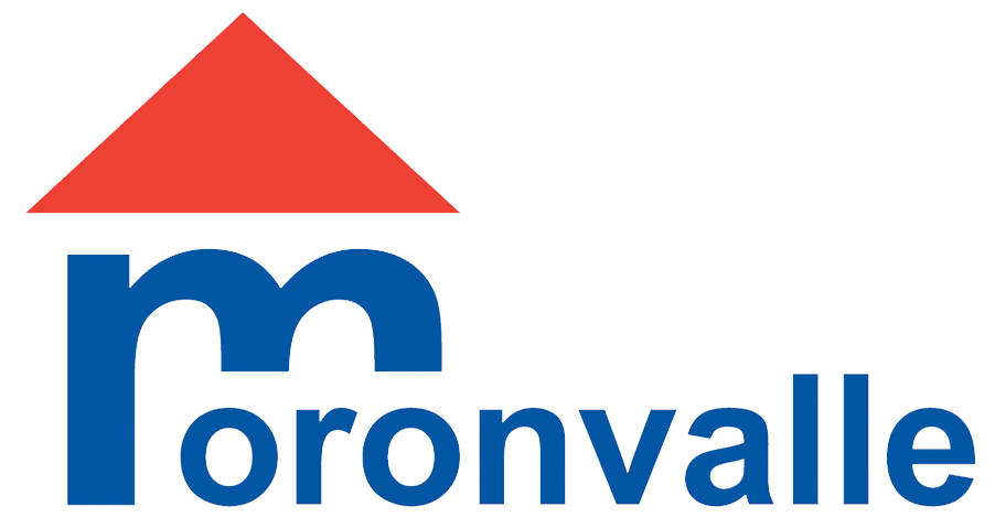 Logo de Moronvalle : Texte bleu avec un graphisme rouge en forme de maison.