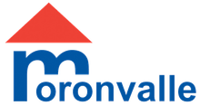 Logo de Moronvalle : Texte bleu avec un graphisme rouge en forme de maison.