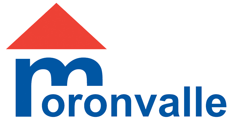 Texte bleu « moronvalle » sous un symbole de maison rouge.