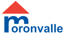 Texte bleu « moronvalle » sous un symbole de maison rouge.