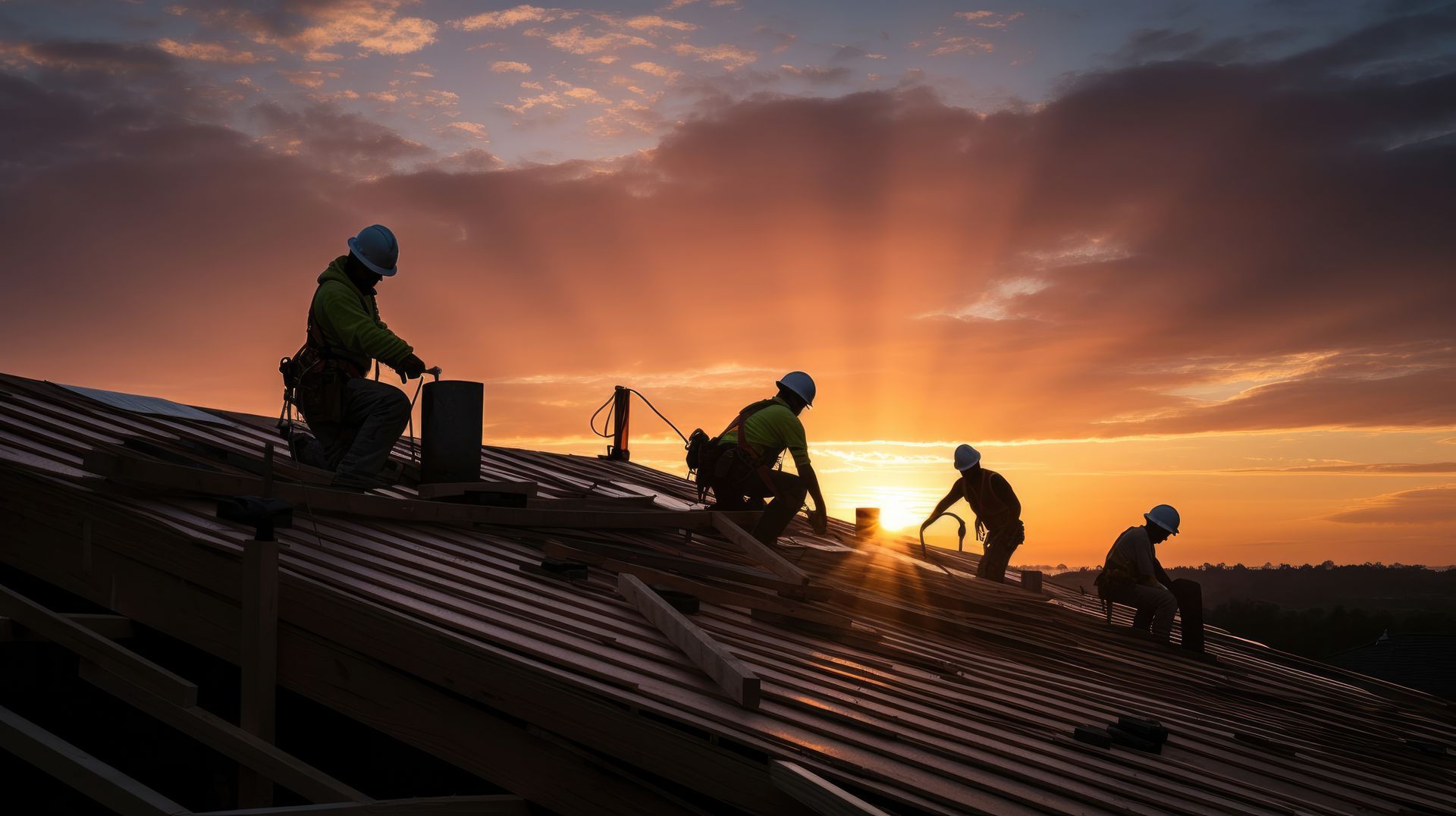 Des ouvriers du bâtiment installent une toiture au coucher du soleil.