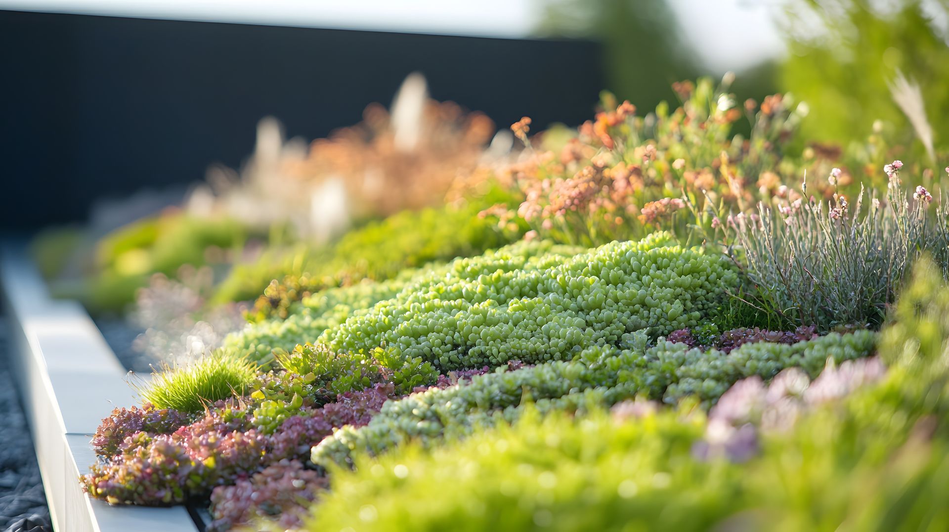 Vue en contre-plongée d'un parterre de jardin coloré avec diverses plantes vertes, roses et oranges.