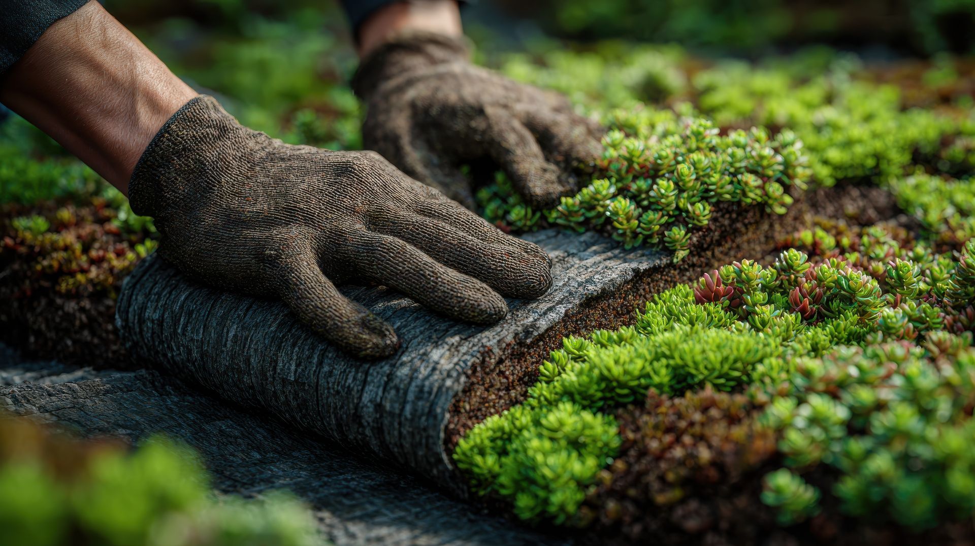 Des mains gantées installent un toit végétalisé, déroulant une bâche sur la terre et les plantes.