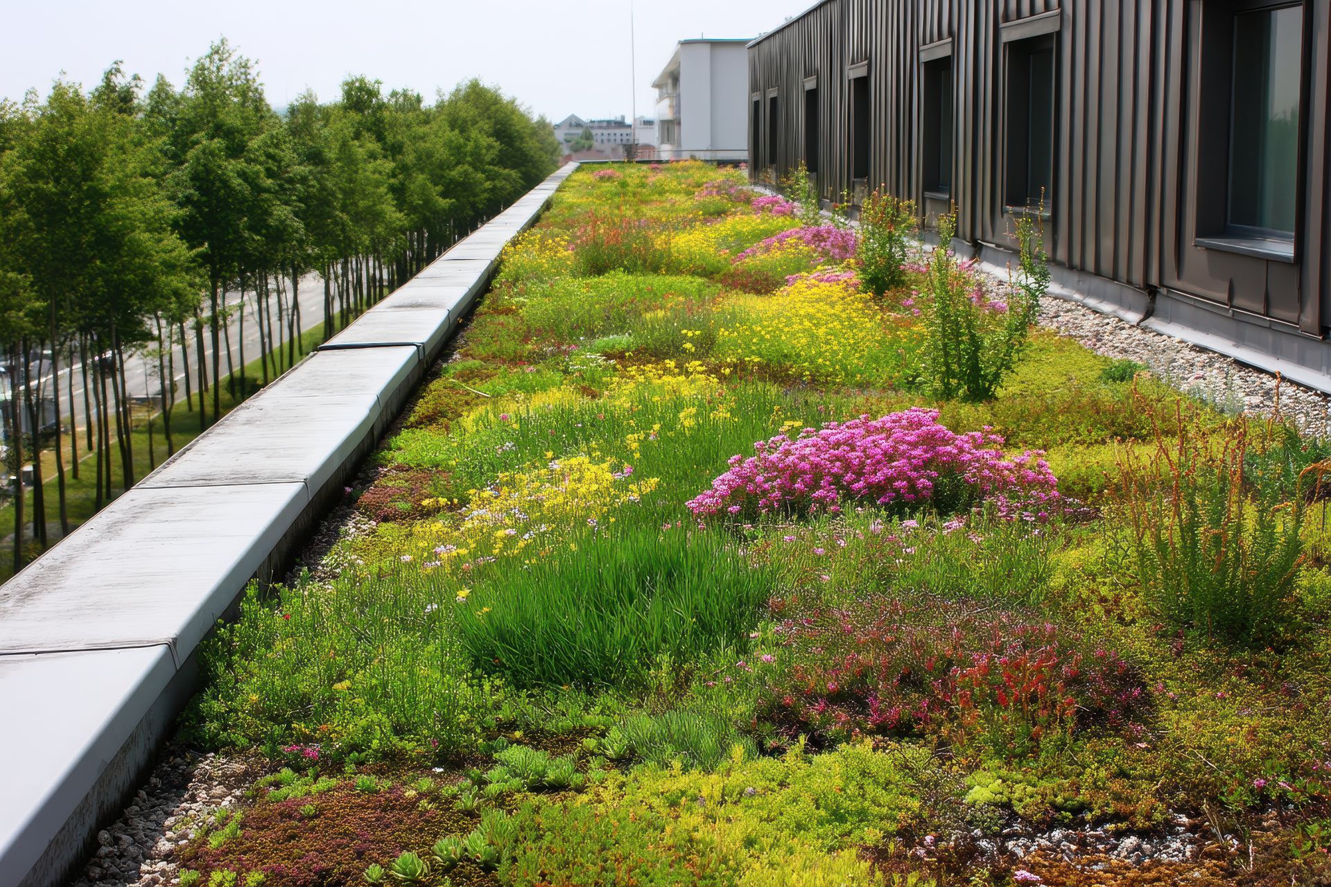 Toit végétalisé avec diverses plantes et fleurs colorées sur un bâtiment.