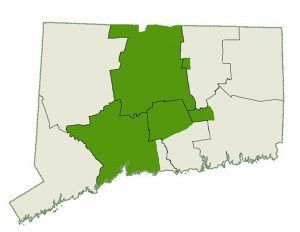 Map of Connecticut highlighting the central and western portions in green.