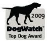 A dogwatch top dog award logo with a silhouette of a dog.