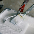 A paint roller and brush covered in white paint resting in a paint tray.