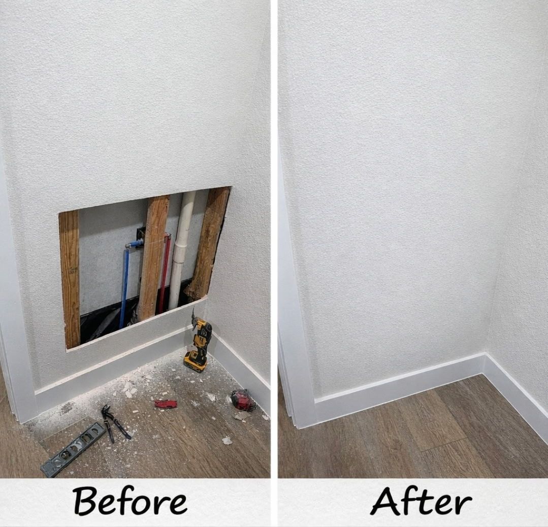 Wall repair before and after: exposed plumbing access patched, drywall finished, and baseboards installed.
