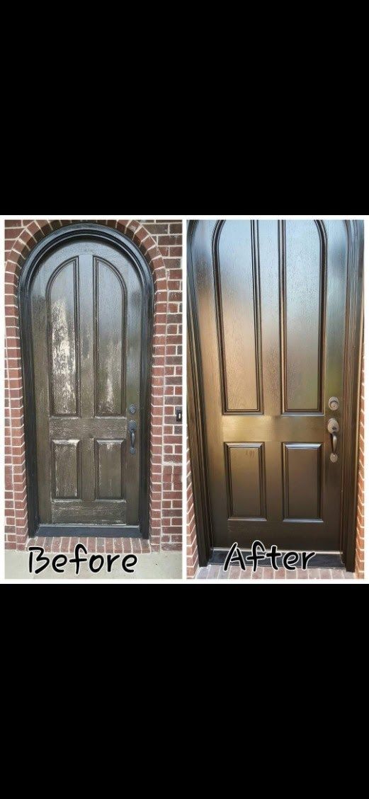 Before-and-after of a brown wooden front door with arched trim, showing an updated finish and hardware update