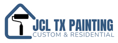 Logo for JCL TX Painting with a blue house-shaped outline, a paint roller icon, and phone number 817-658-2680.