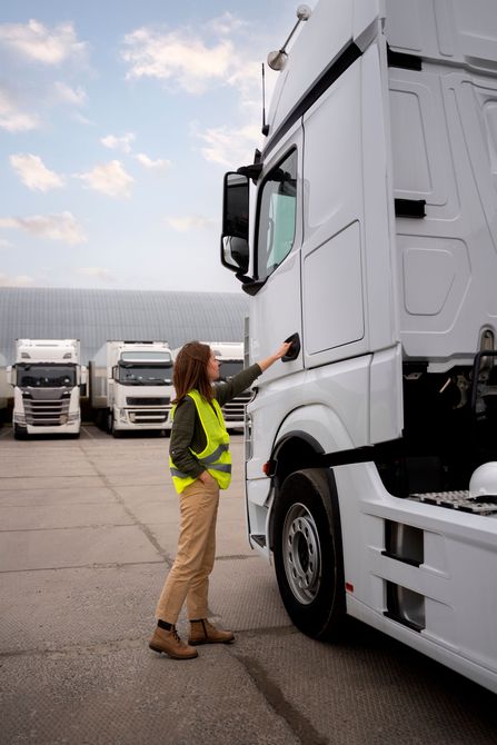 a woman is standing next to a white semi truck in a parking lot .