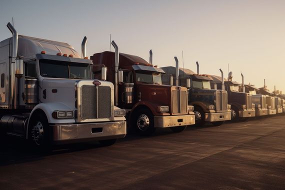 a row of semi trucks are parked in a parking lot .