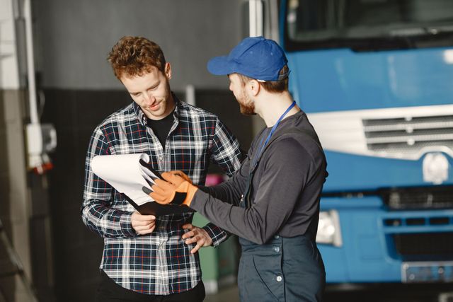 two men are standing next to each other in front of a blue truck .