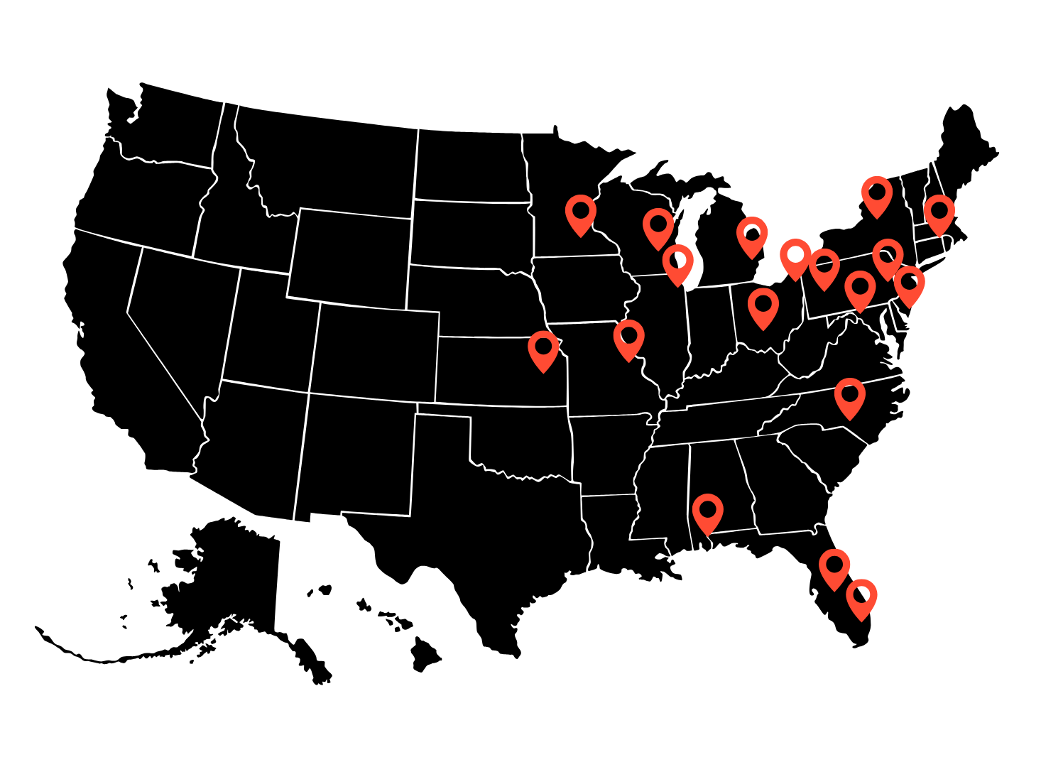 Map of the United States with red pin markers highlighting various locations, mostly in the eastern half.