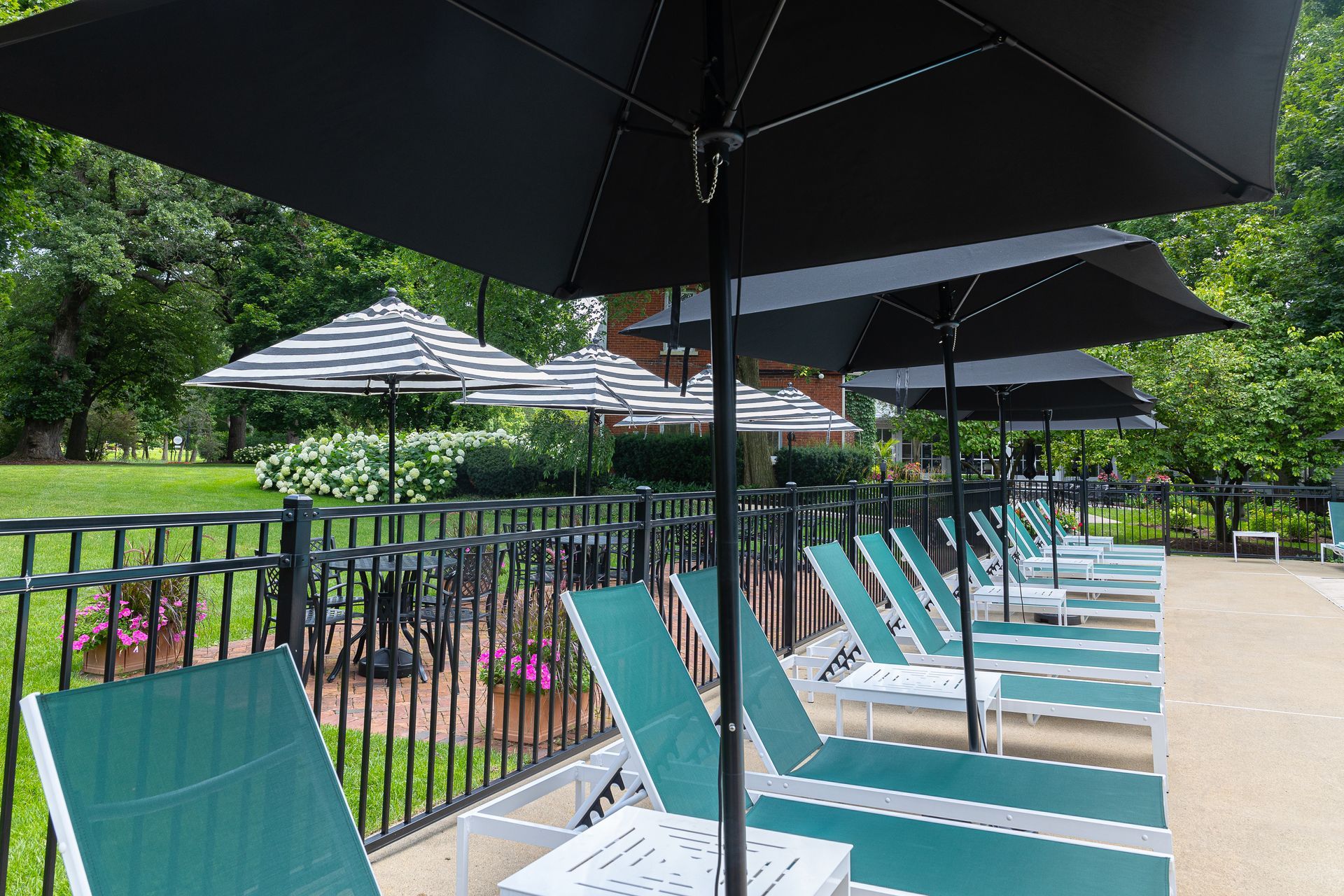 Row of turquoise lounge chairs under black umbrellas beside a poolside patio and garden
