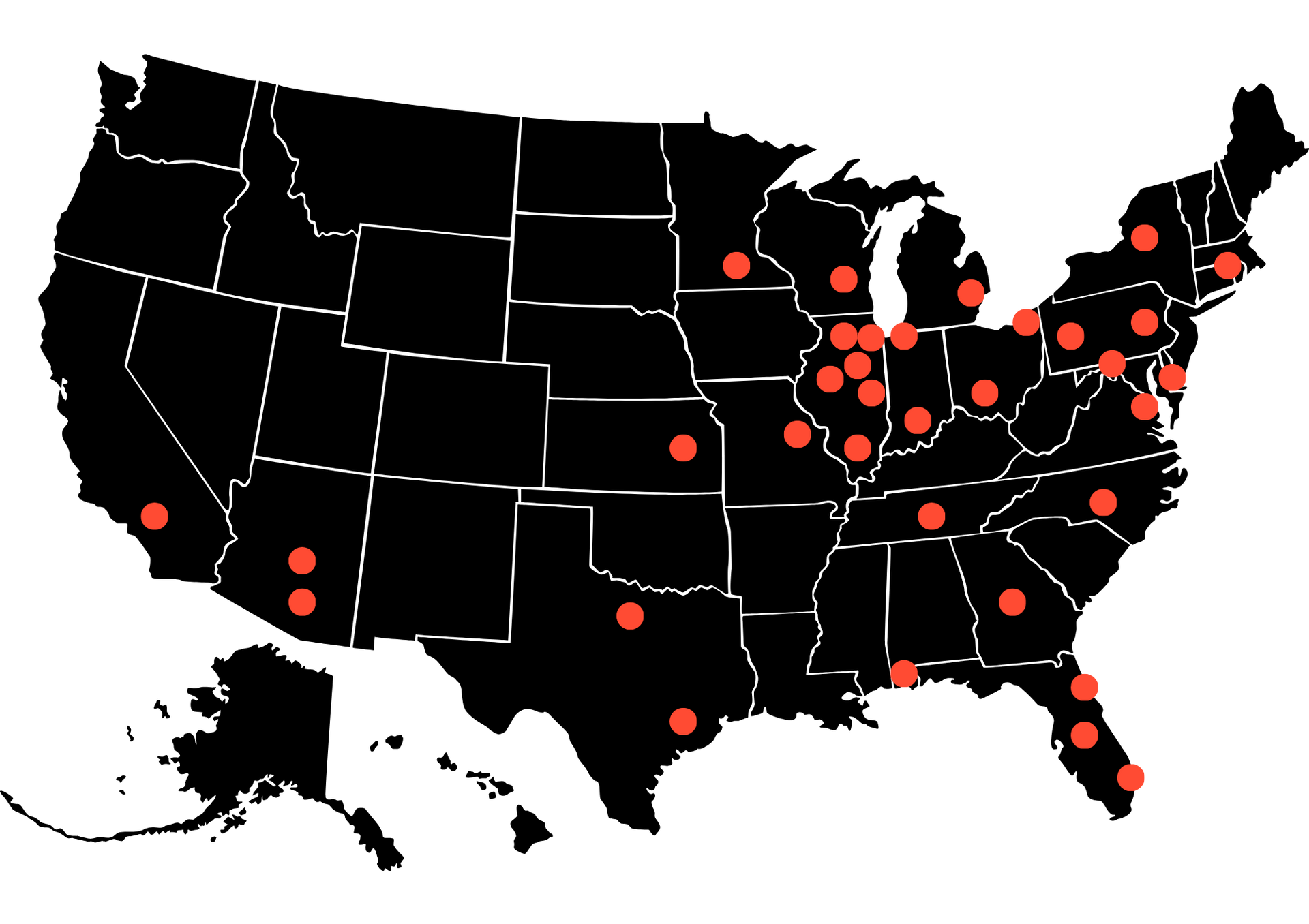 Black map of the United States with red dots marking various locations.