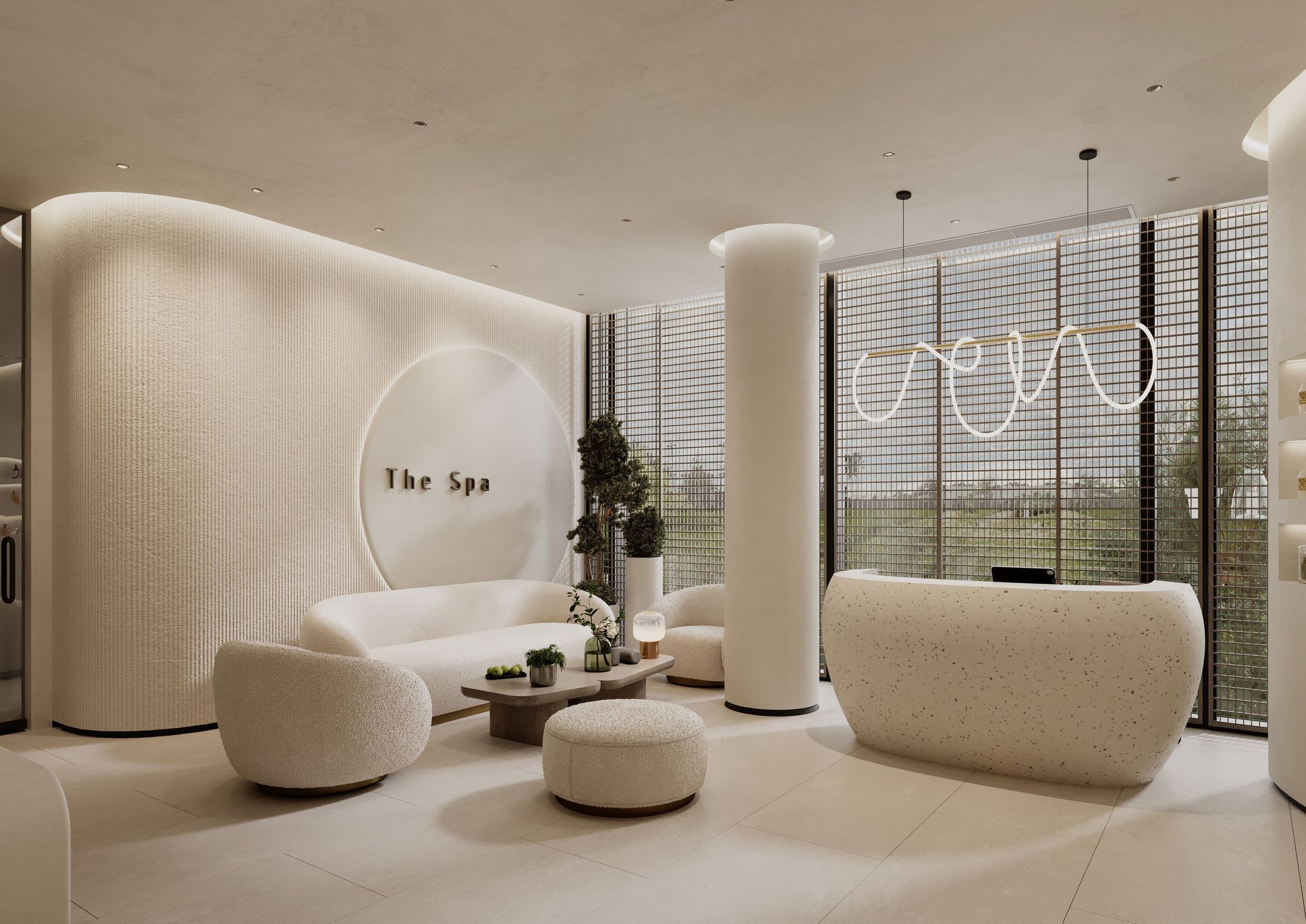 Minimalist beige lounge with sculptural chairs, round tables, and a curved reception desk in a modern lobby