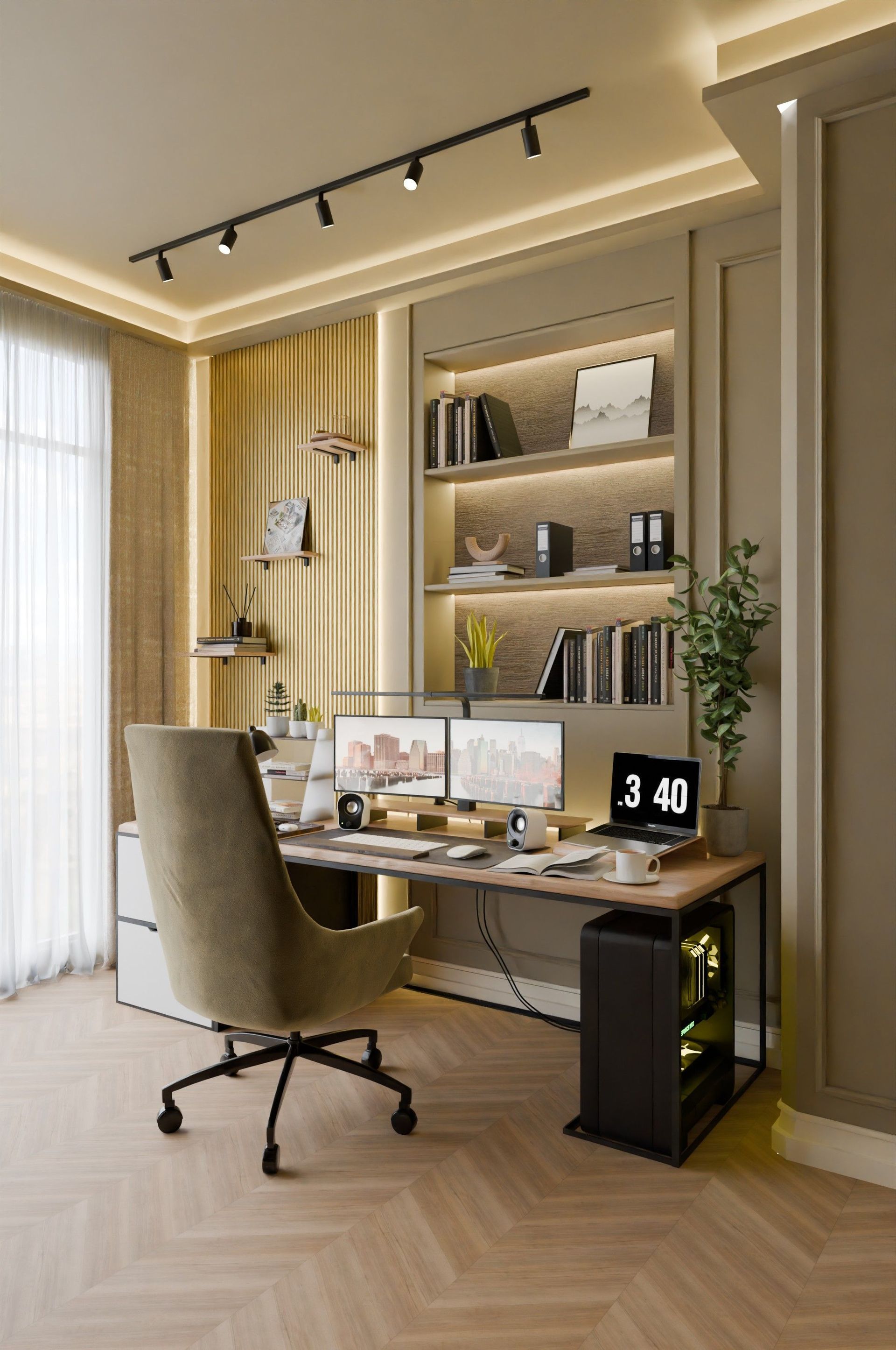 Quiet office reception area with wood-paneled desks, chairs, plants, and posters on the wall