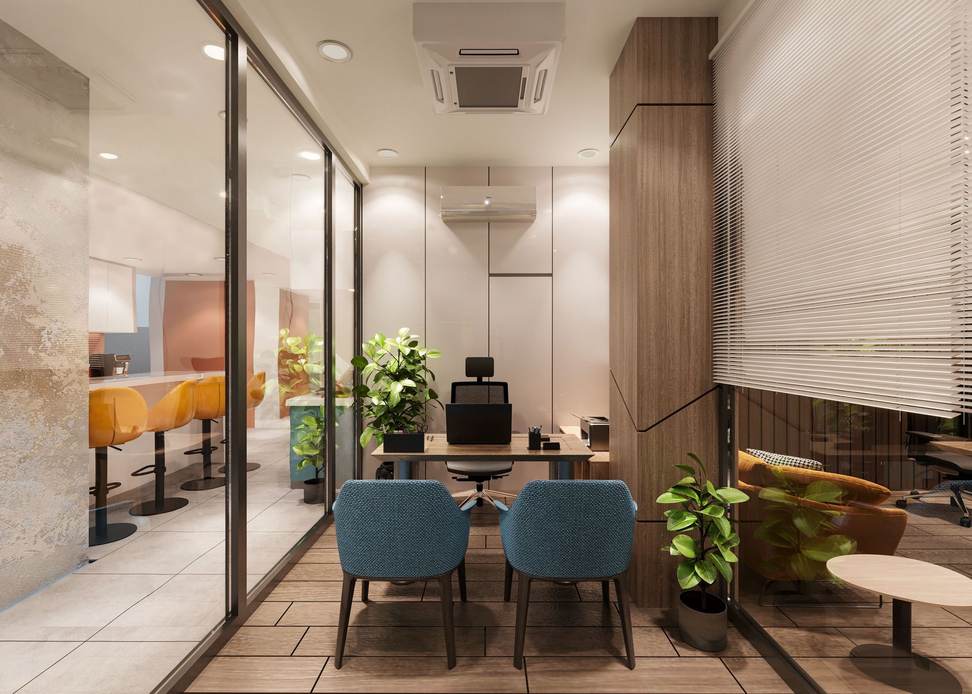 Modern office lounge with glass walls, blue chairs, desk, plants, and textured wall panels.