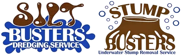Busters Dredging Service and Stump Busters logos in blue and brown, with a stump graphic and tagline.