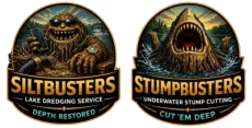 Two brown-and-blue stump removal service logos with cartoon tree roots and wood stump graphics