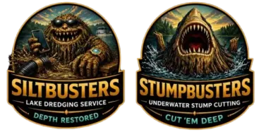 Two brown-and-blue stump removal service logos with cartoon tree roots and wood stump graphics