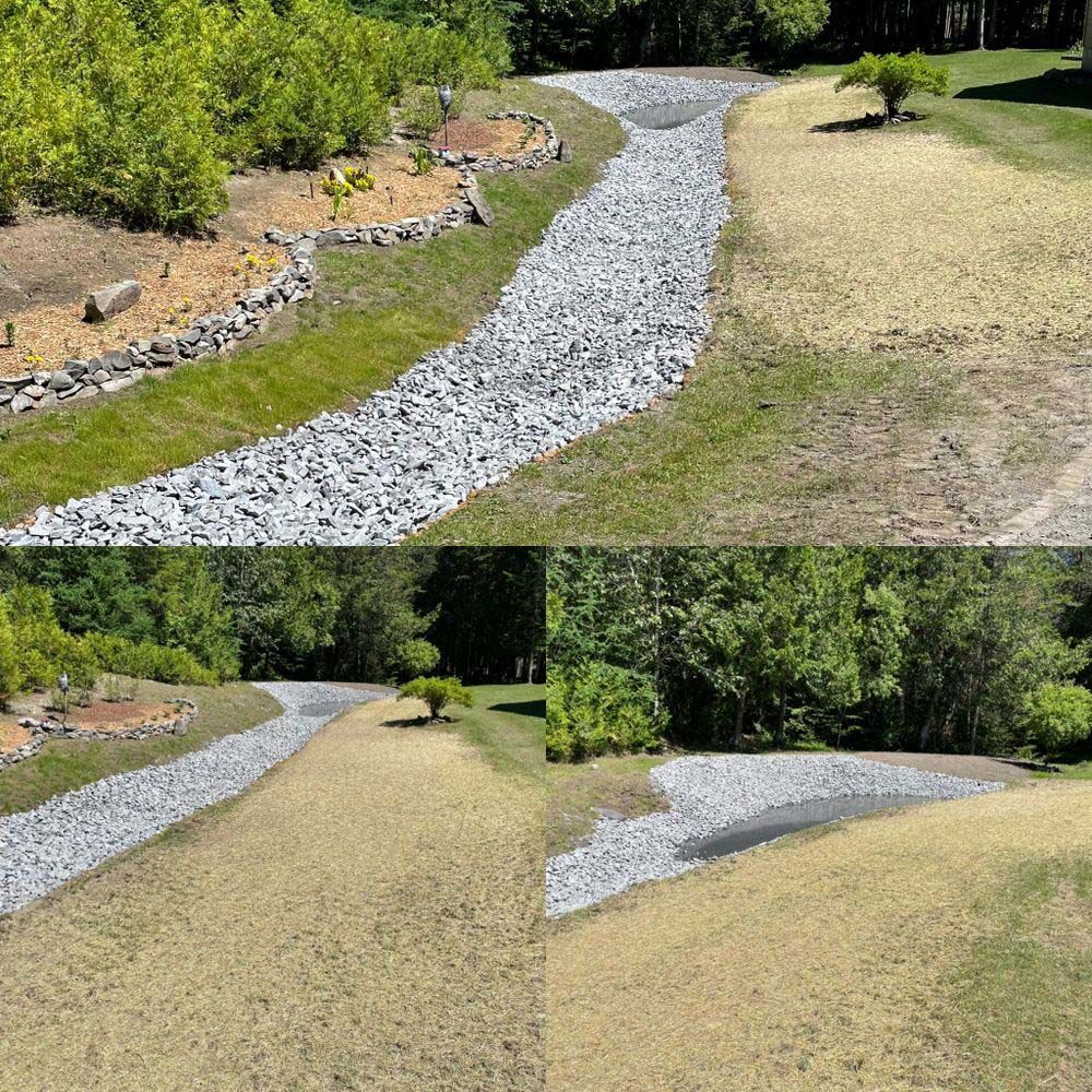 A before and after photo of a gravel path in a yard.