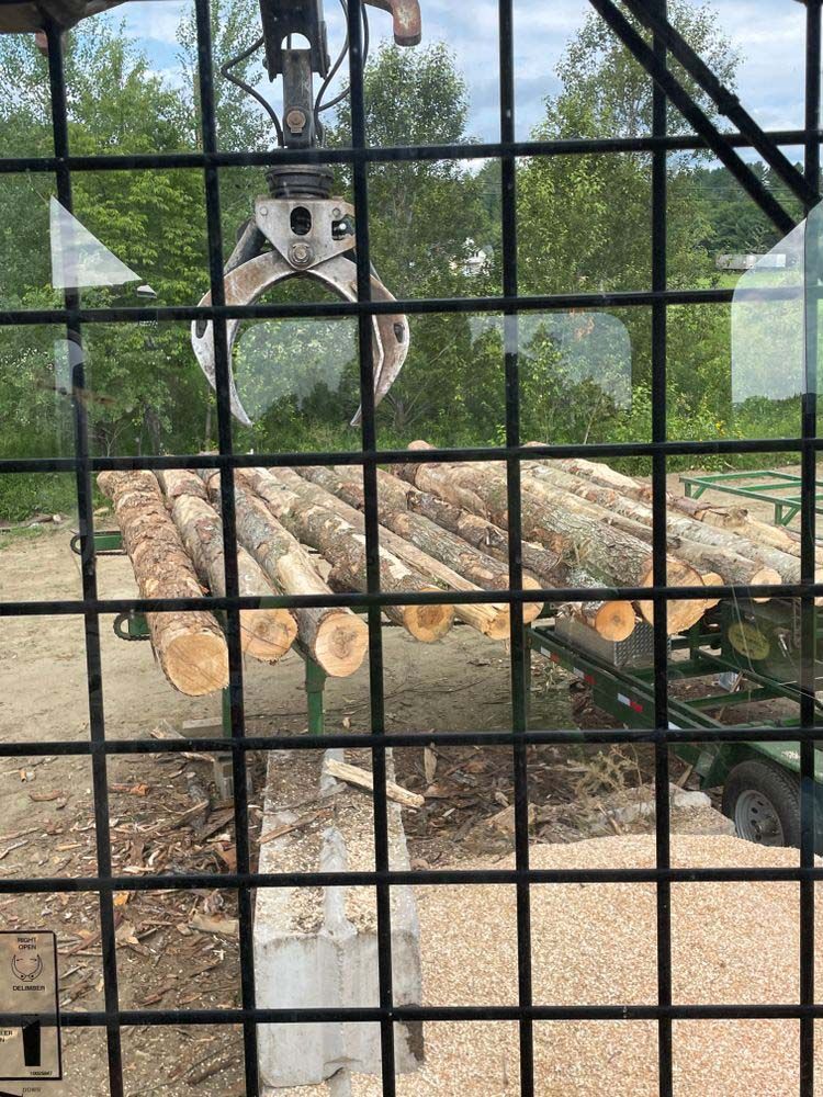 A bunch of logs are stacked on top of each other behind a fence.