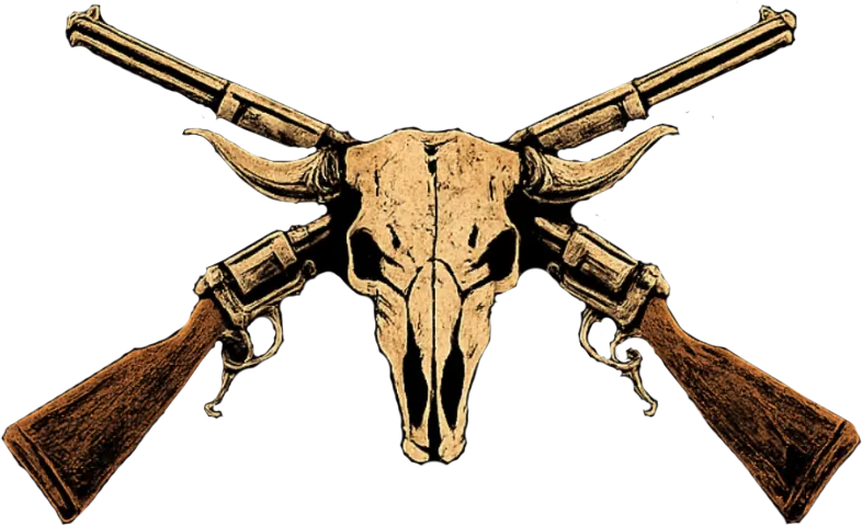 Skull emblem with crossed revolvers and rifle barrels, styled in sepia tones on white background