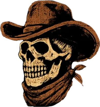 Skull wearing a brown cowboy hat and bandana, stylized in black and tan.