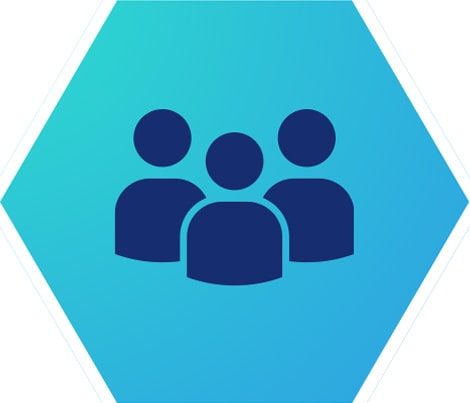 A group of people are standing next to each other in a blue hexagon.