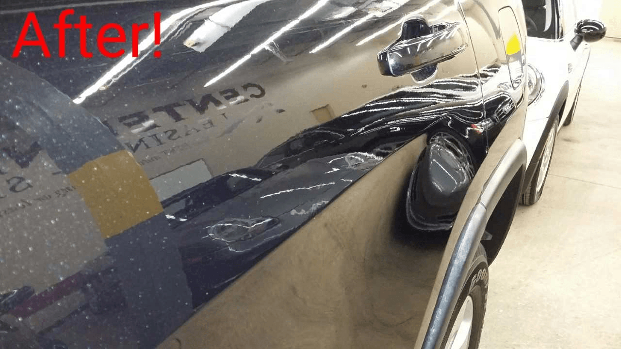 A black car with the word after on it