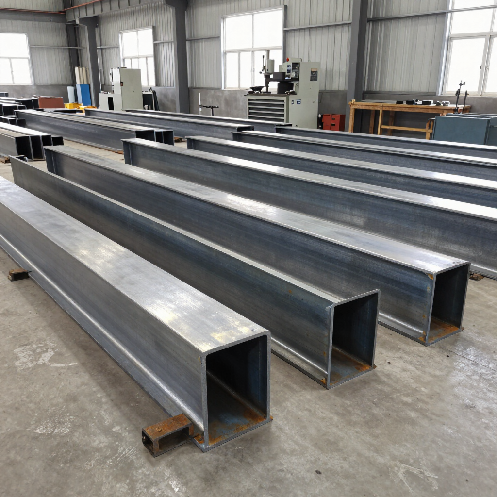 Vigas de acero galvanizado apiladas en un taller industrial, con grandes ventanales y maquinaria al fondo.