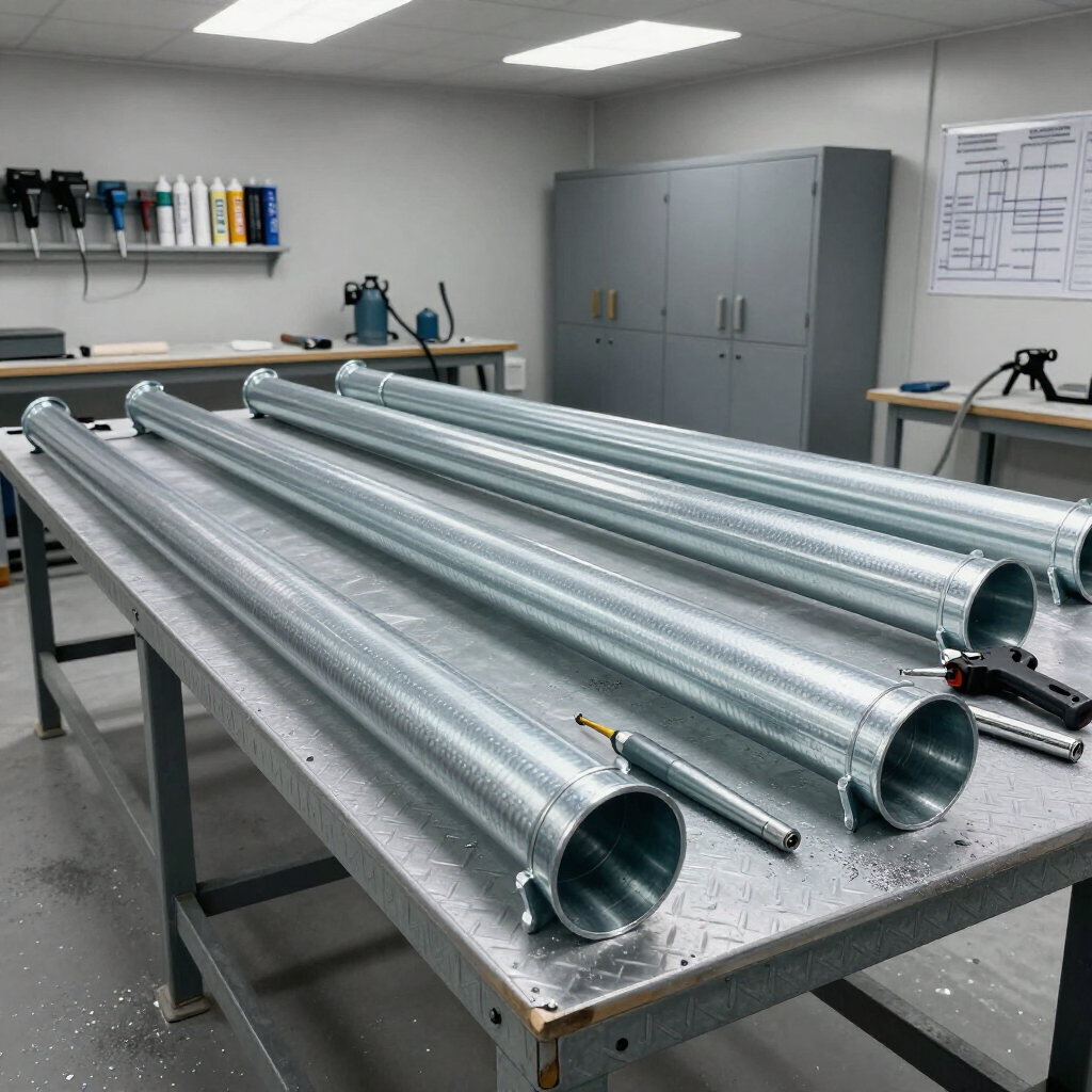 Cuatro tubos largos de metal galvanizado sobre una mesa de trabajo en un taller.