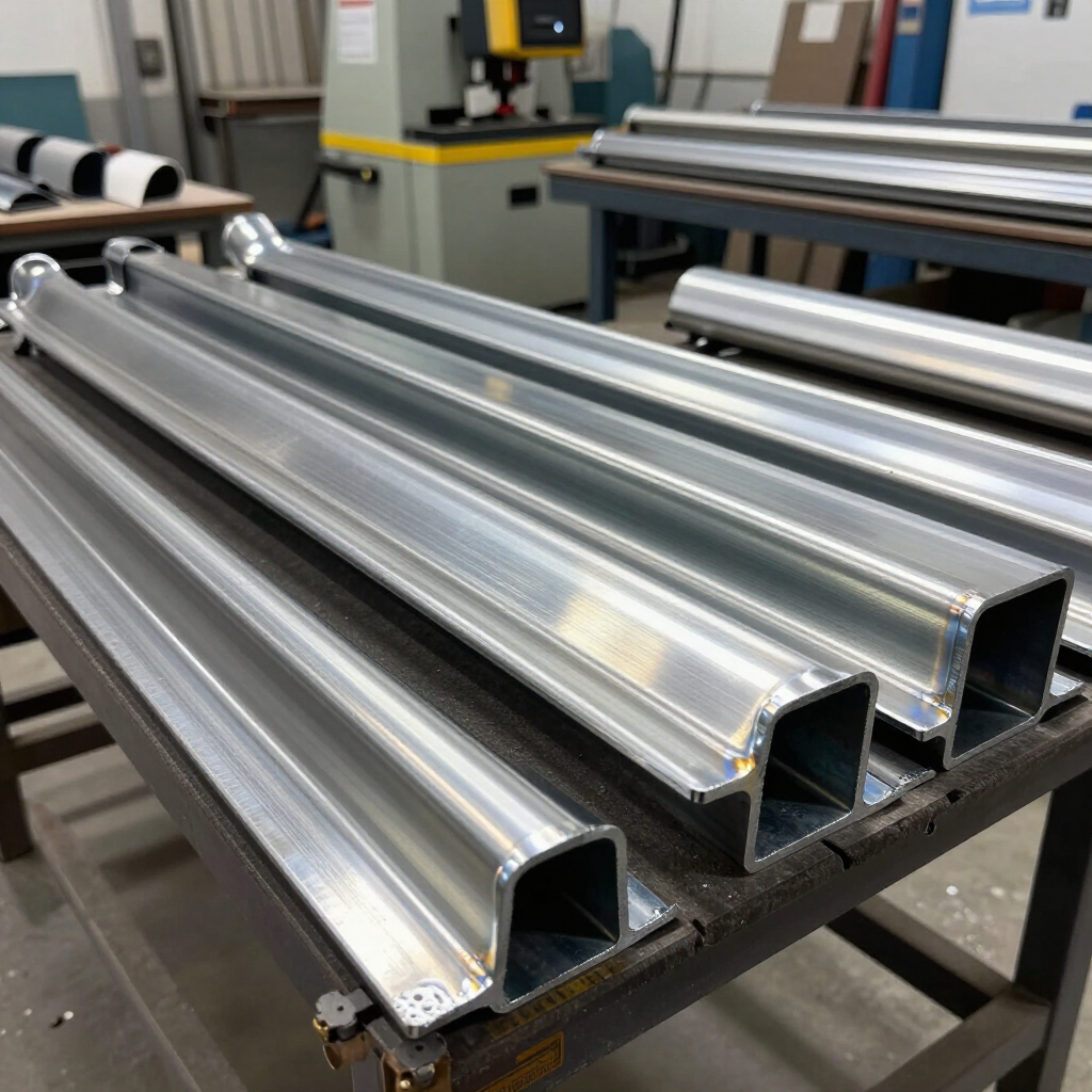 Vigas metálicas brillantes apiladas sobre una mesa de taller en un entorno industrial.