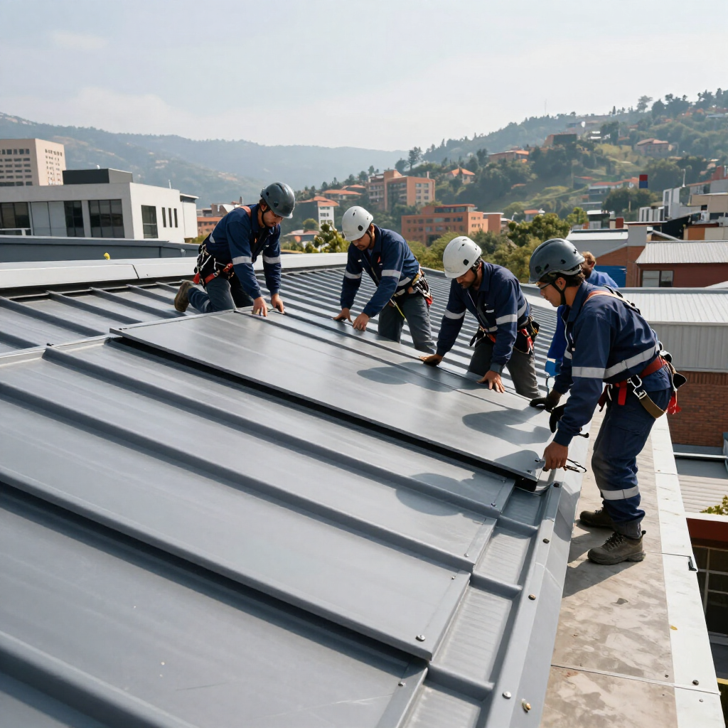 Obreros instalando techos de metal gris en un edificio con colinas al fondo.